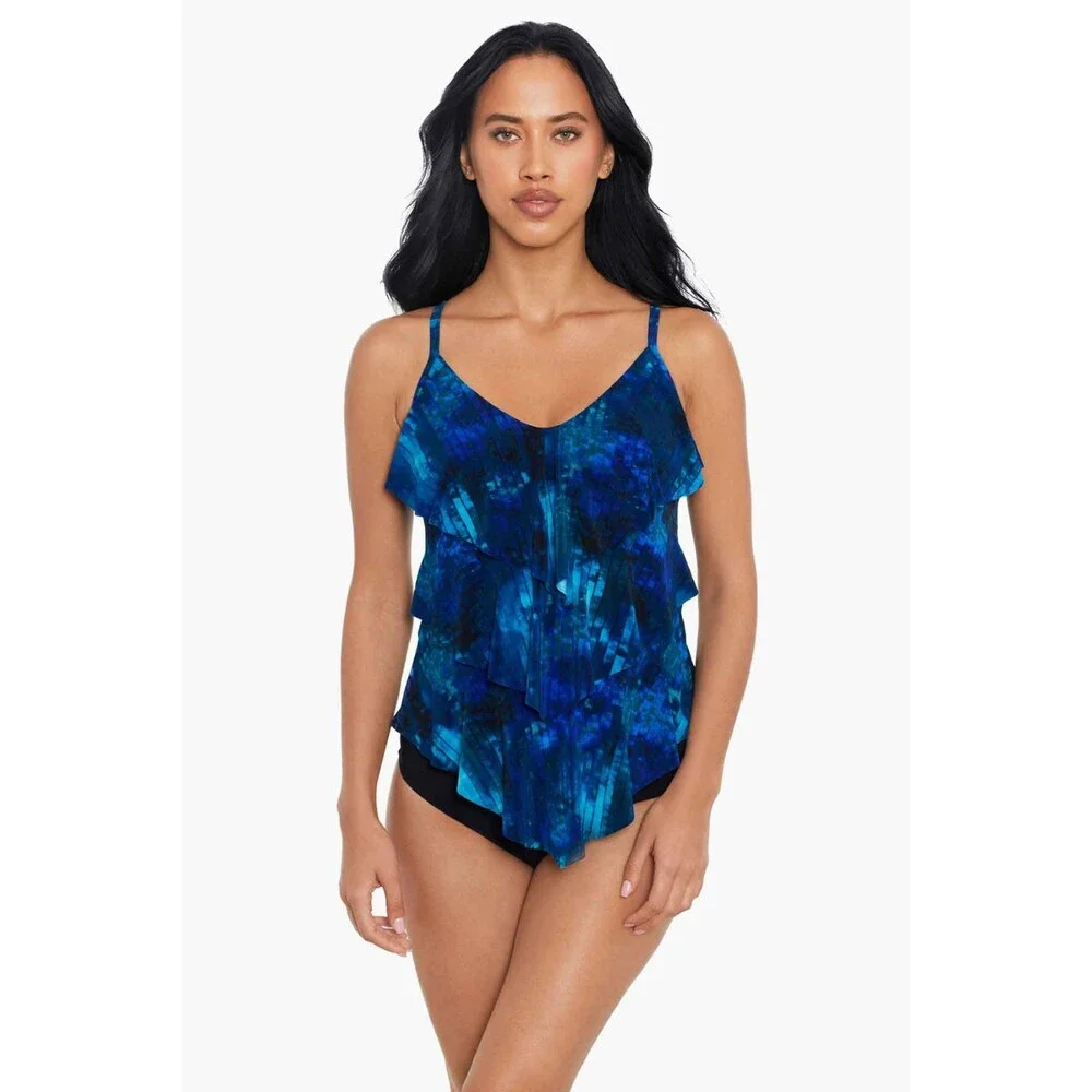 Magicsuit Womens Blue Multi Hazy Daze V-Neck Rita Ruffle Tankini Top Size 16